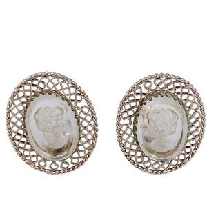 Vintage Whiting & Davis Cameo Clip-On Earrings, Filigree, 1950s Jewelry